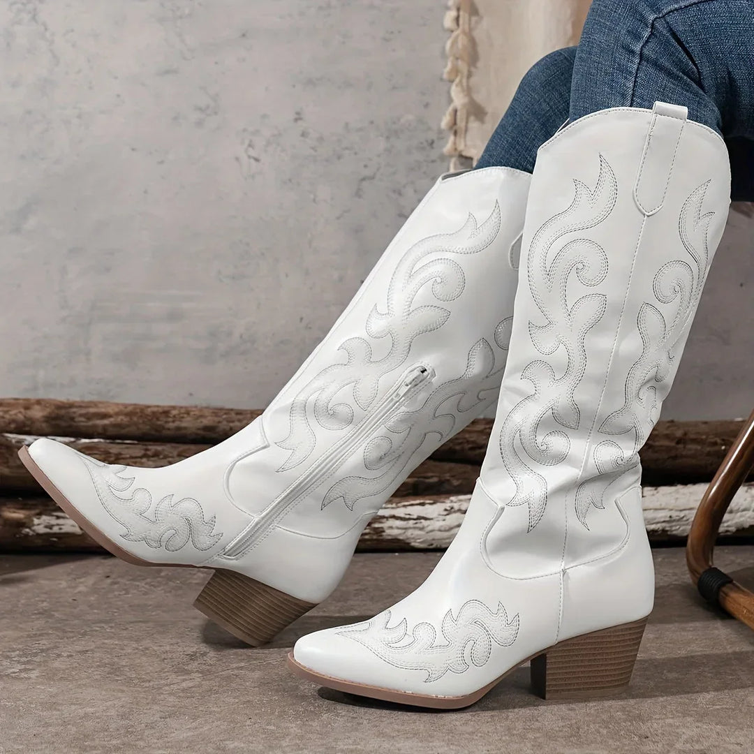 Women's Embroidered Western Faux Leather Knee-High Boots – Side Zipper And Block Heel