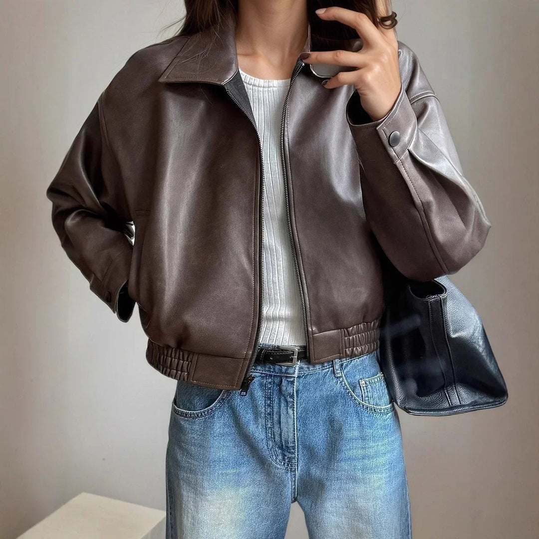 Women's Faux Leather Bomber Jacket Zip-Up Long Sleeve