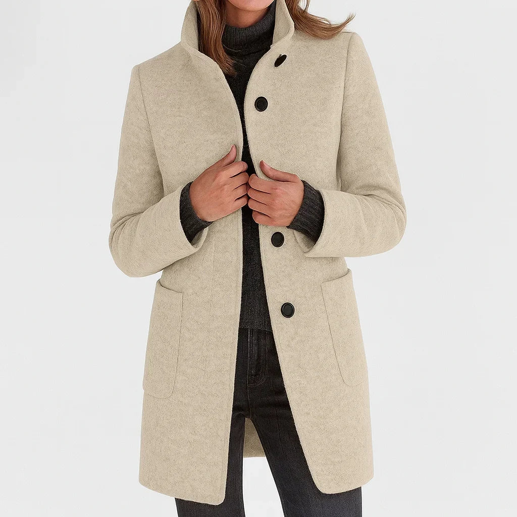 Women's Felted Wool Coat – Stand Collar And Button-Front Closure