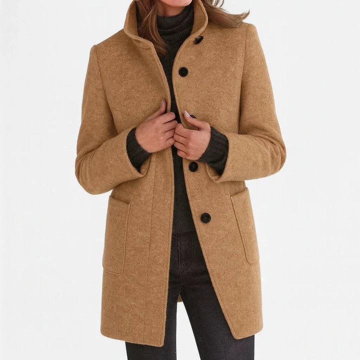 Women's Felted Wool Coat – Stand Collar And Button-Front Closure