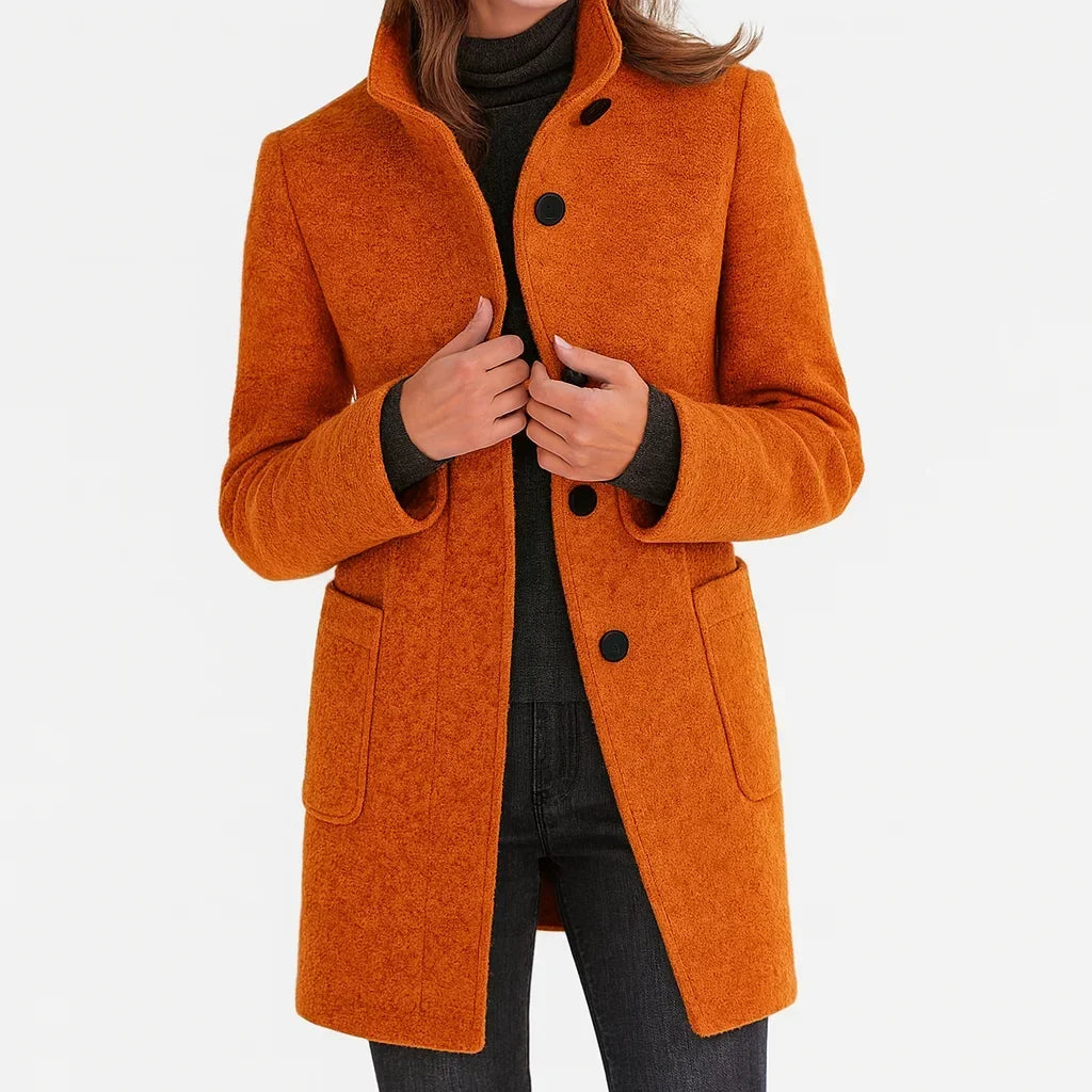 Women's Felted Wool Coat – Stand Collar And Button-Front Closure