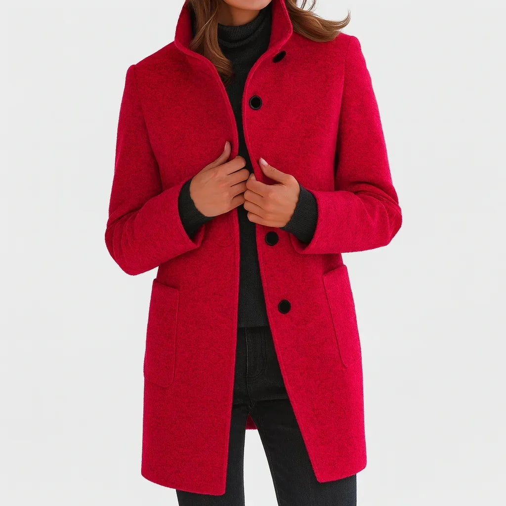 Women's Felted Wool Coat – Stand Collar And Button-Front Closure