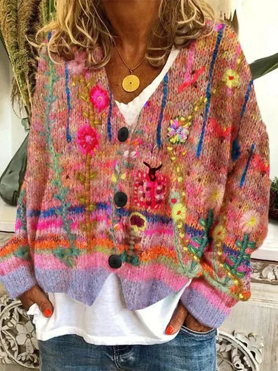 Women's Floral Embroidered Button-Front Knit Cardigan