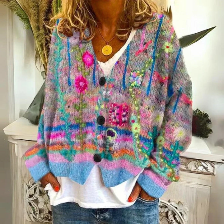 Women's Floral Embroidered Multicolor Button-Front Knit Sweater Cardigan