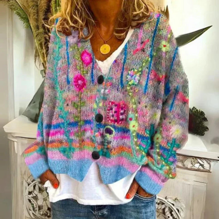 Women's Floral Knit Button-Front Cardigan Sweater