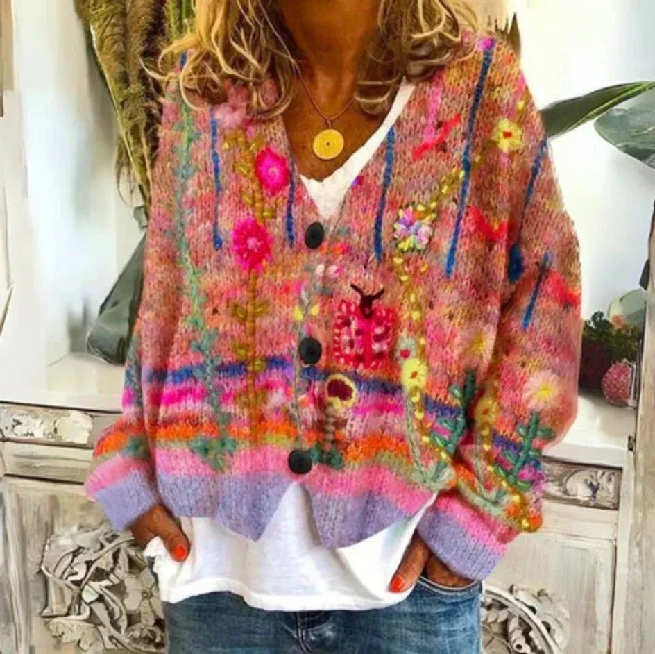 Women's Floral Knit Button-Front Cardigan Sweater