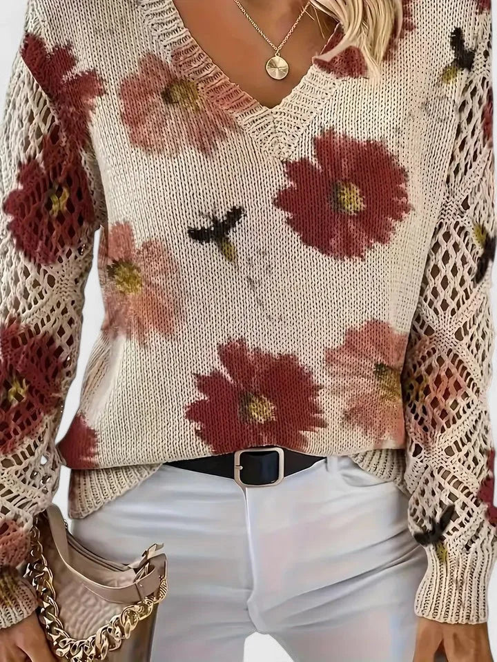 Women's Floral Knit Sweater – V-Neck And Long Open-Knit Sleeves