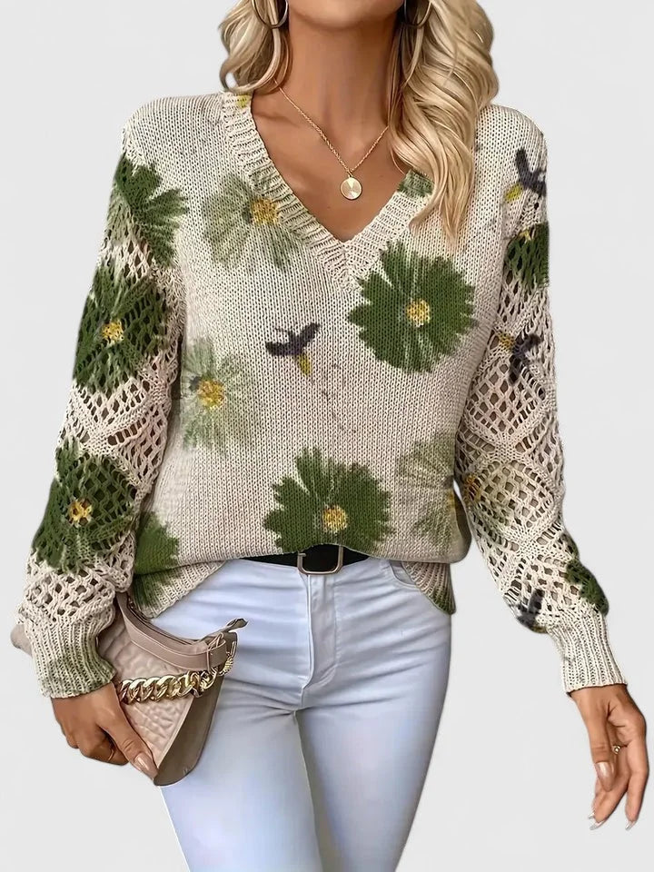 Women's Floral Knit Sweater – V-Neck And Long Open-Knit Sleeves