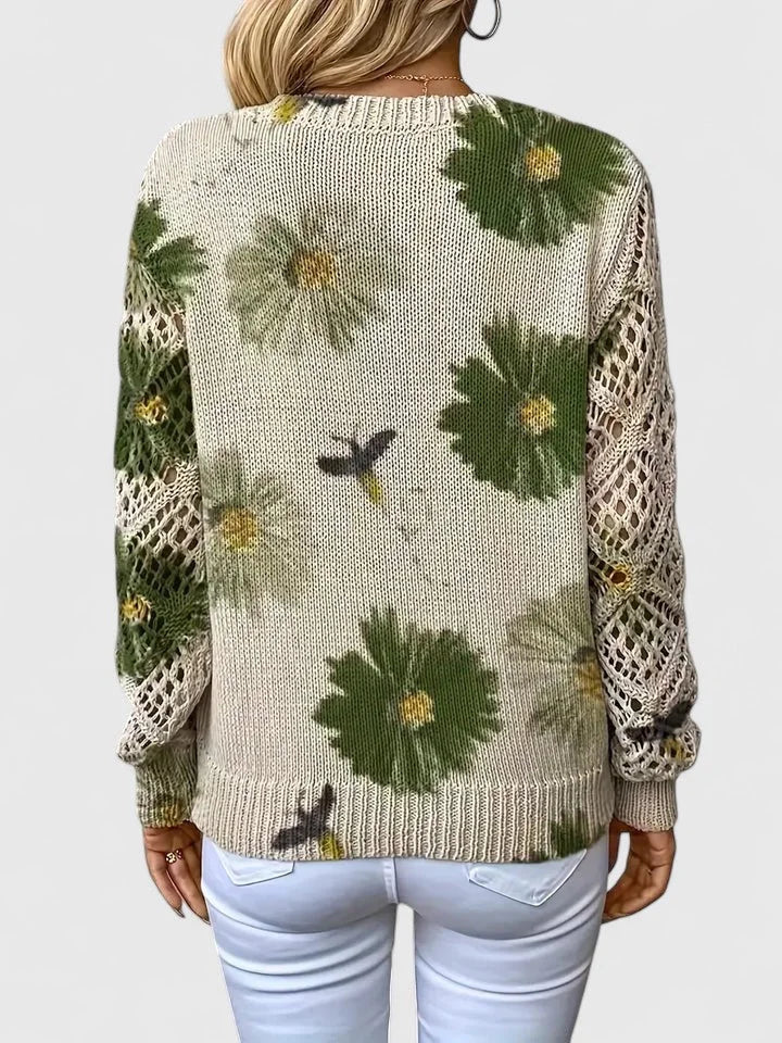 Women's Floral Knit Sweater – V-Neck And Long Open-Knit Sleeves