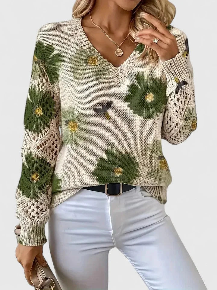 Women's Floral Knit Sweater – V-Neck And Long Open-Knit Sleeves