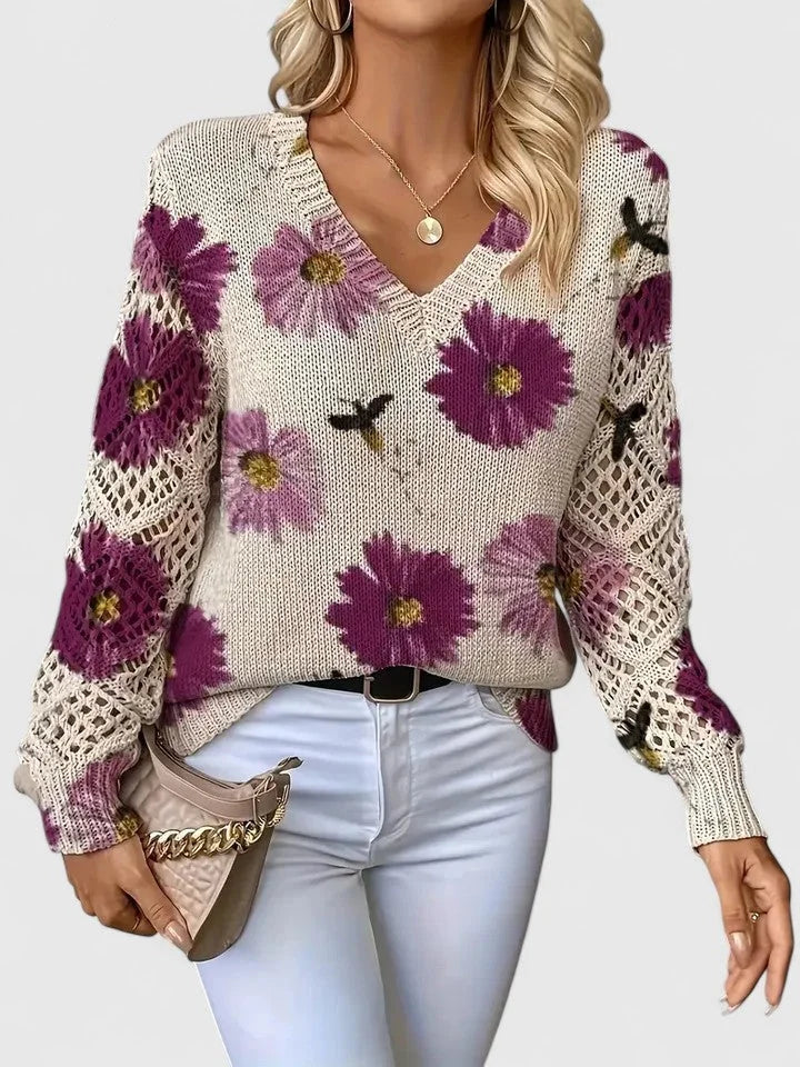 Women's Floral Knit Sweater – V-Neck And Long Open-Knit Sleeves