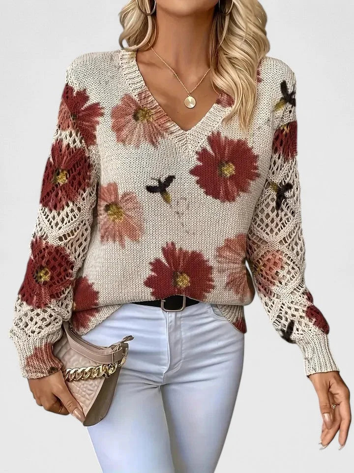 Women's Floral Knit Sweater – V-Neck And Long Open-Knit Sleeves