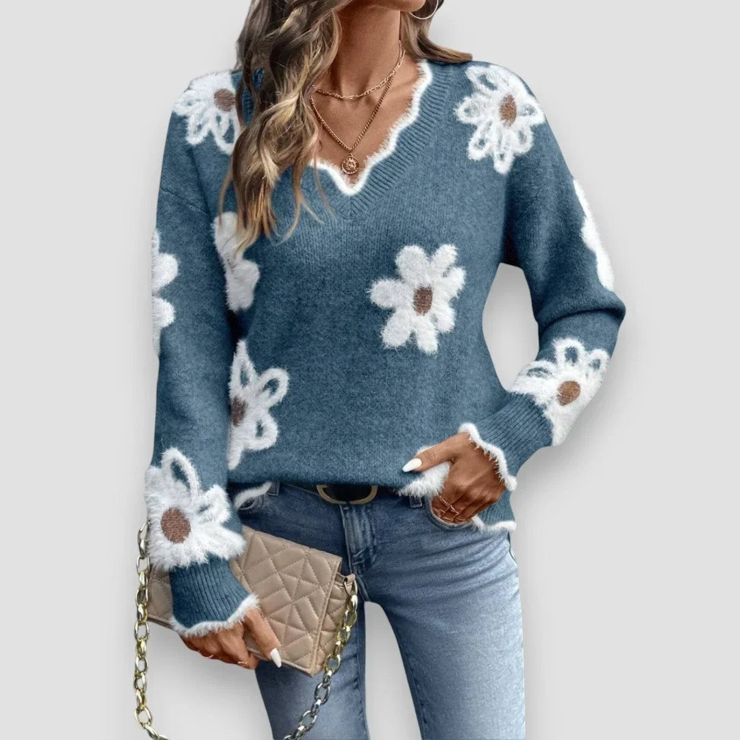 Women's Floral Pullover Knit Sweater – V-Neck, Scalloped Trim And Textured Flowers