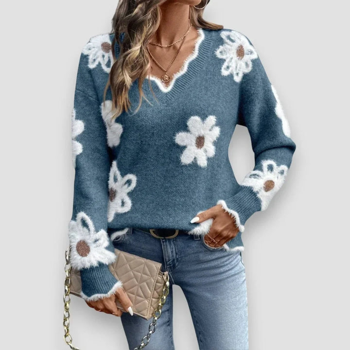 Women's Floral Pullover Knit Sweater – V-Neck, Scalloped Trim And Textured Flowers