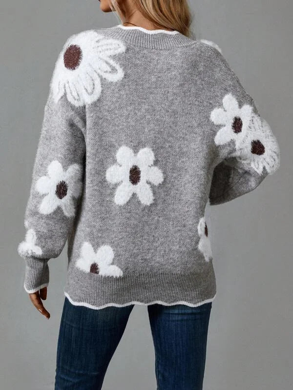 Women's Floral Pullover Knit Sweater – V-Neck, Scalloped Trim And Textured Flowers