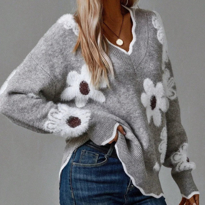 Women's Floral Pullover Knit Sweater – V-Neck, Scalloped Trim And Textured Flowers