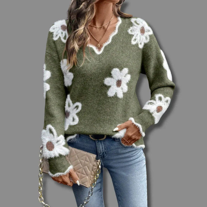 Women's Floral Pullover Knit Sweater – V-Neck, Scalloped Trim And Textured Flowers