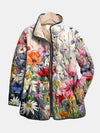 Women's Floral Quilted Mid-Length Jacket – Stand-Up Collar And Snap-Button Closure
