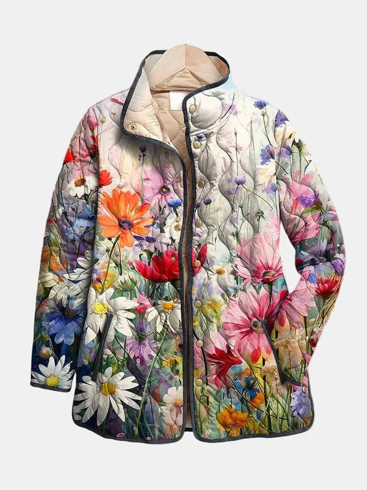 Women's Floral Quilted Mid-Length Jacket – Stand-Up Collar And Snap-Button Closure