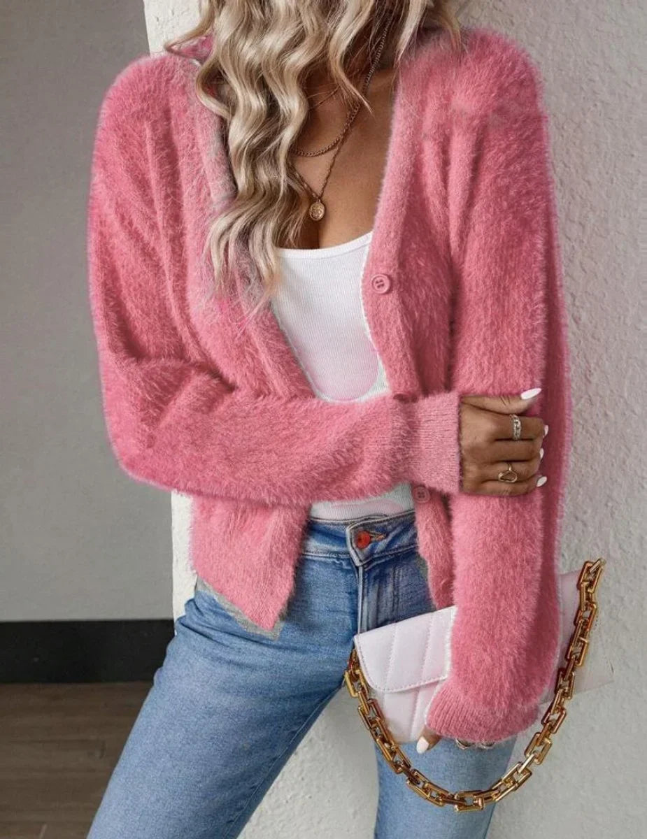 Women's Fluffy V-Neck Button-Front Knit Cardigan