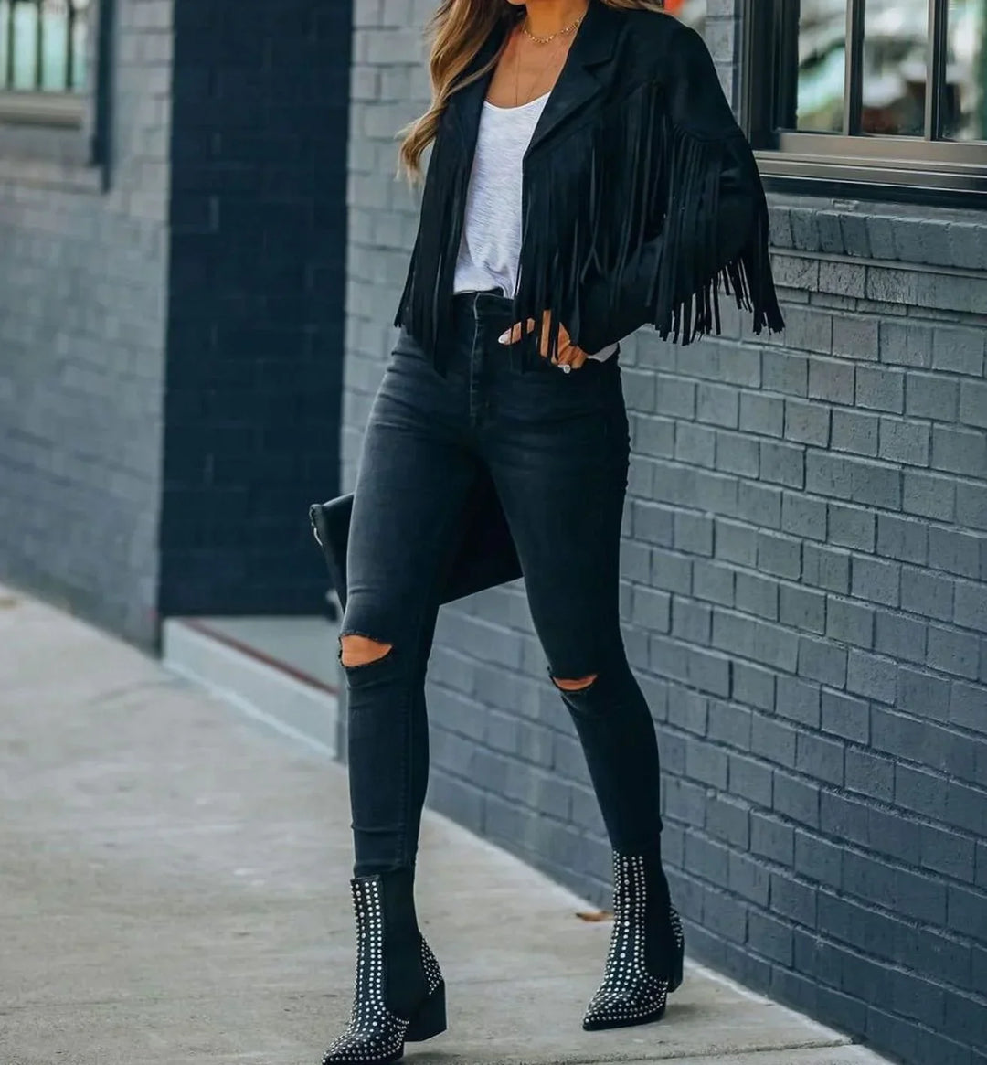 Women's Fringe Suede Cropped Moto Leather Jacket