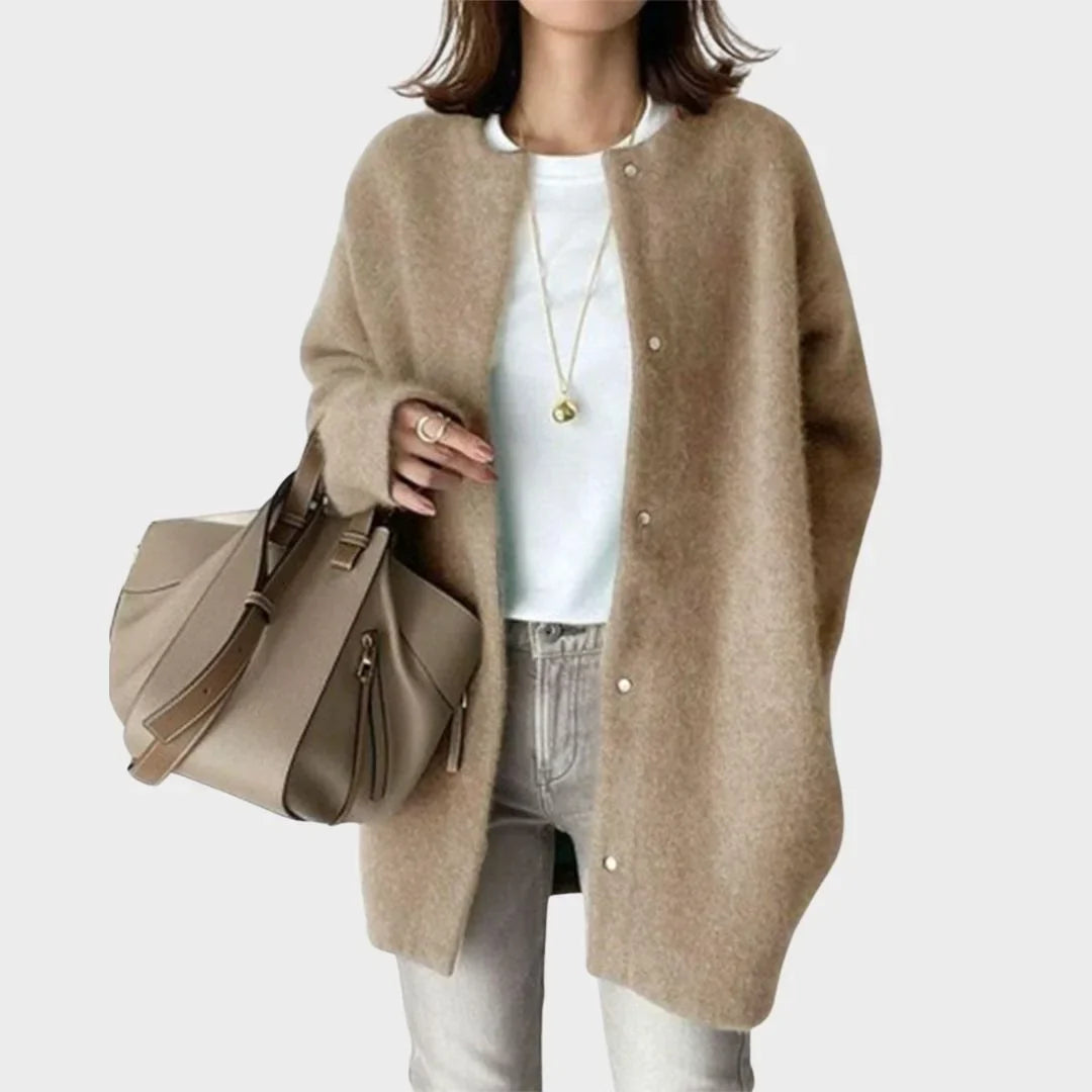 Women's Fuzzy Knit Longline Relaxed Cardigan – Round Neck Button Closure
