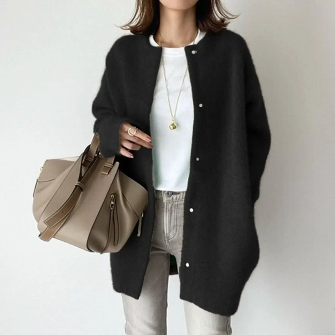 Women's Fuzzy Knit Longline Relaxed Cardigan – Round Neck Button Closure