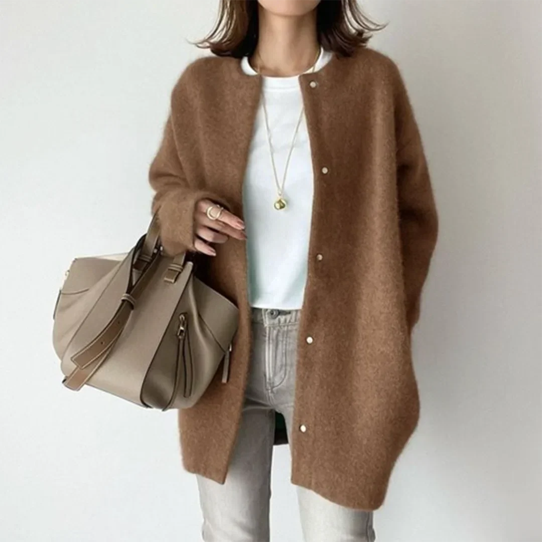 Women's Fuzzy Knit Longline Relaxed Cardigan – Round Neck Button Closure