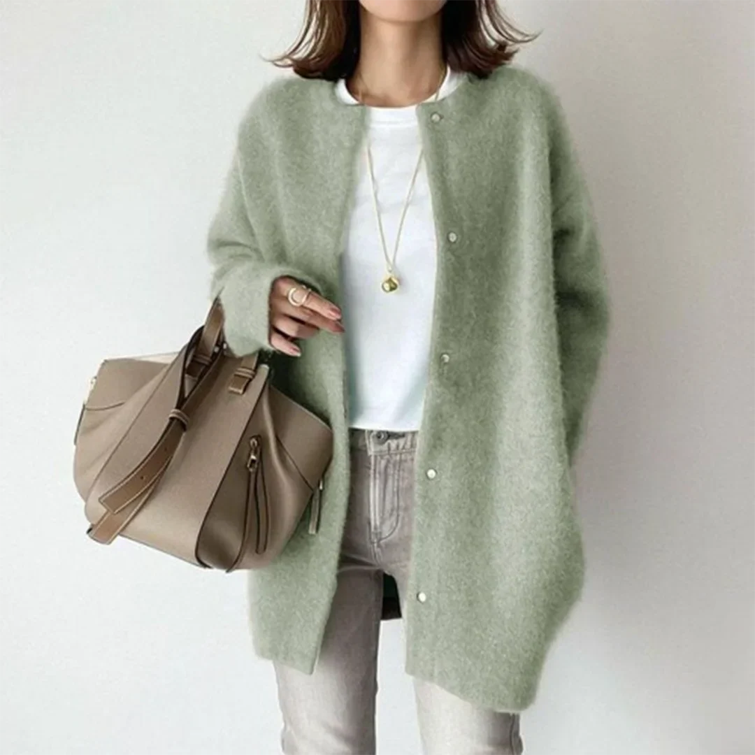 Women's Fuzzy Knit Longline Relaxed Cardigan – Round Neck Button Closure