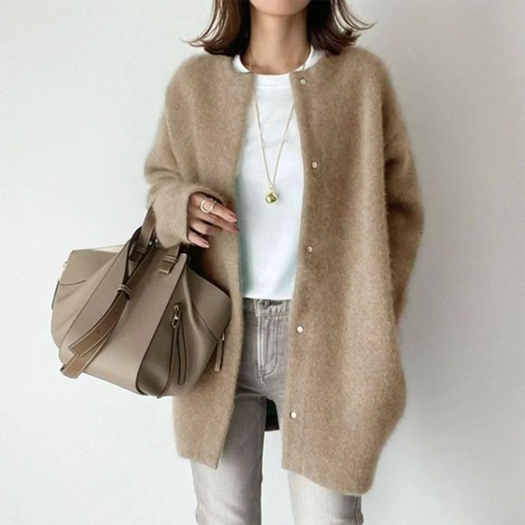 Women's Fuzzy Knit Longline Relaxed Cardigan – Round Neck Button Closure