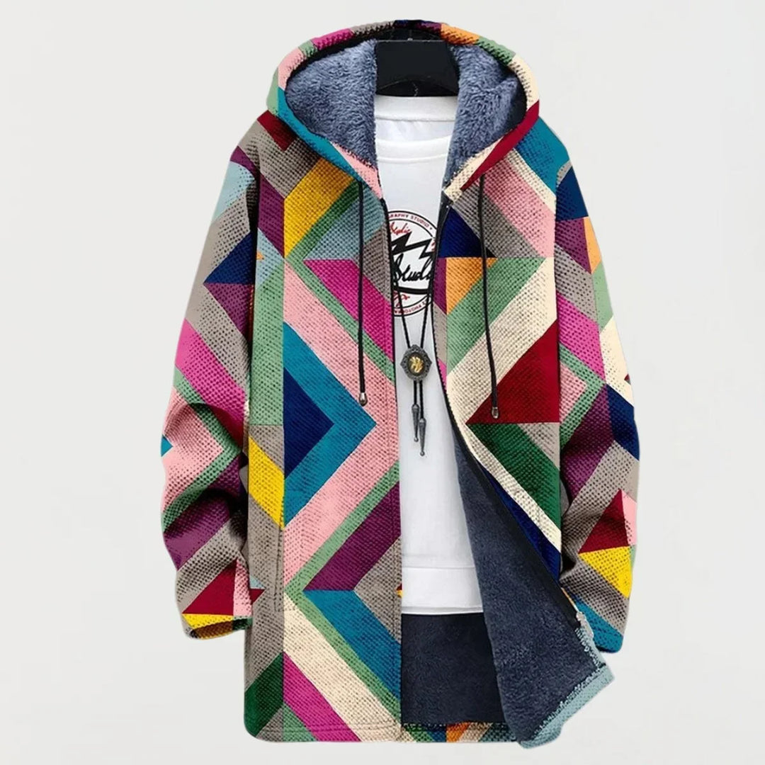 Women's Geometric Print Fleece-Lined Hooded Sweater Jacket