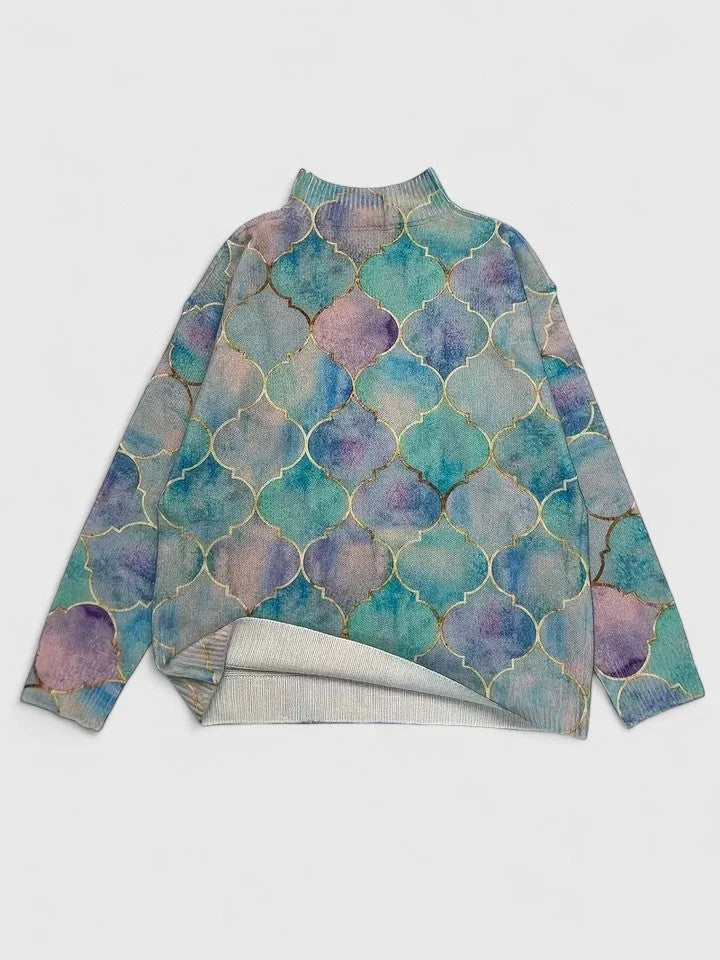 Women's Geometric Print Knit Turtleneck Sweater – Long Sleeves
