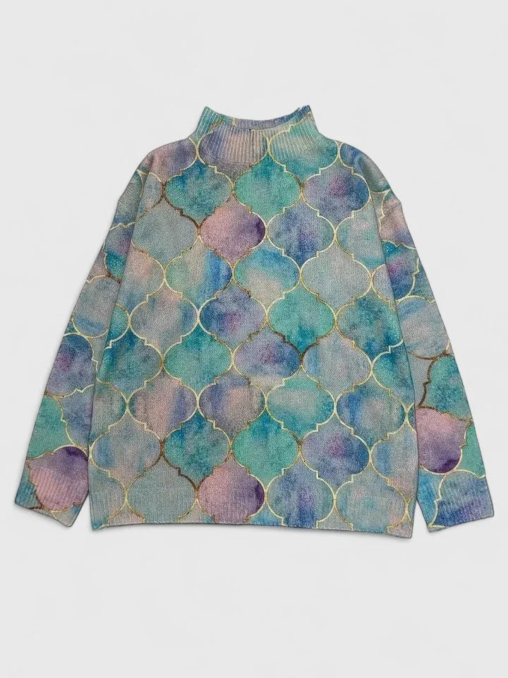Women's Geometric Print Knit Turtleneck Sweater – Long Sleeves