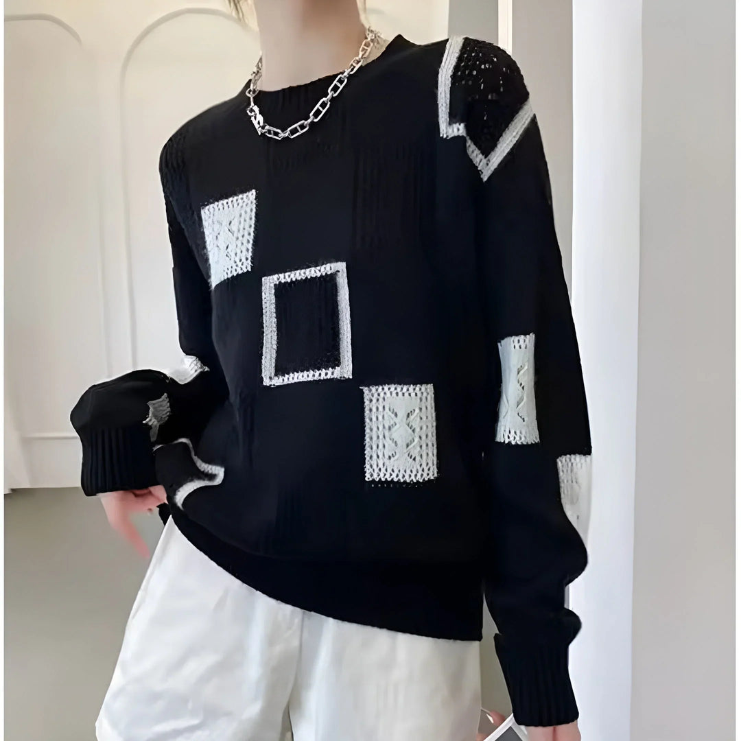 Women's Geometric Square-Pattern Knit Sweater – Long-Sleeve And Crew Neck