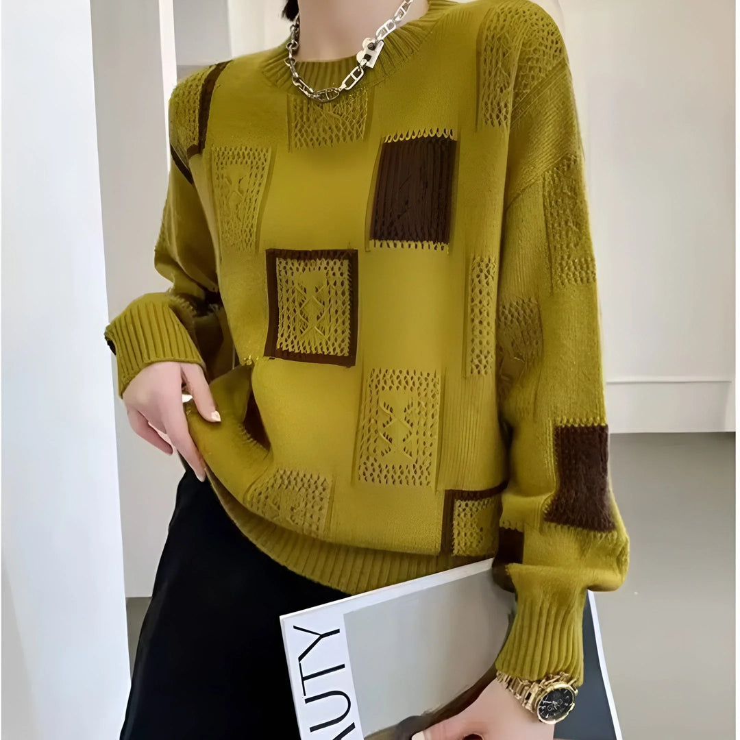 Women's Geometric Square-Pattern Knit Sweater – Long-Sleeve And Crew Neck