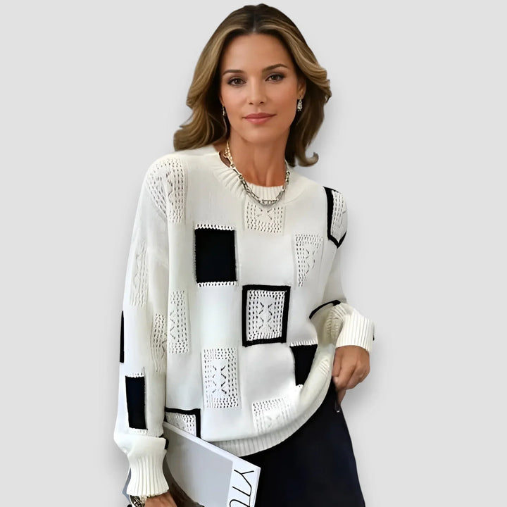 Women's Geometric Square-Pattern Knit Sweater – Long-Sleeve And Crew Neck