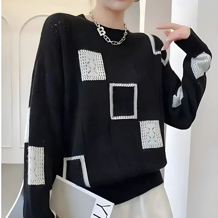 Women's Geometric Square-Pattern Knit Sweater – Long-Sleeve And Crew Neck