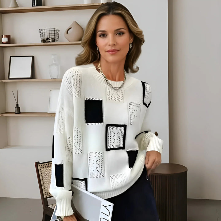 Women's Geometric Square-Pattern Knit Sweater – Long-Sleeve And Crew Neck