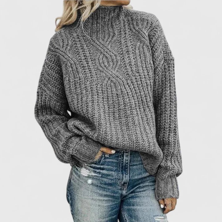 Women's Green Oversized Chunky Cable Knit Sweater – Mock-Neck Long-Sleeve