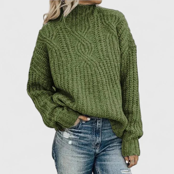 Women's Green Oversized Chunky Cable Knit Sweater – Mock-Neck Long-Sleeve