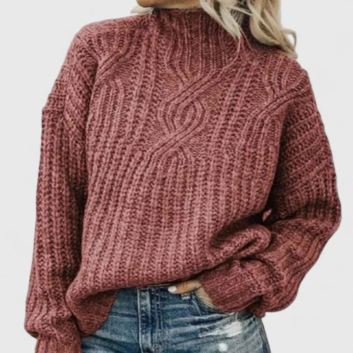 Women's Green Oversized Chunky Cable Knit Sweater – Mock-Neck Long-Sleeve