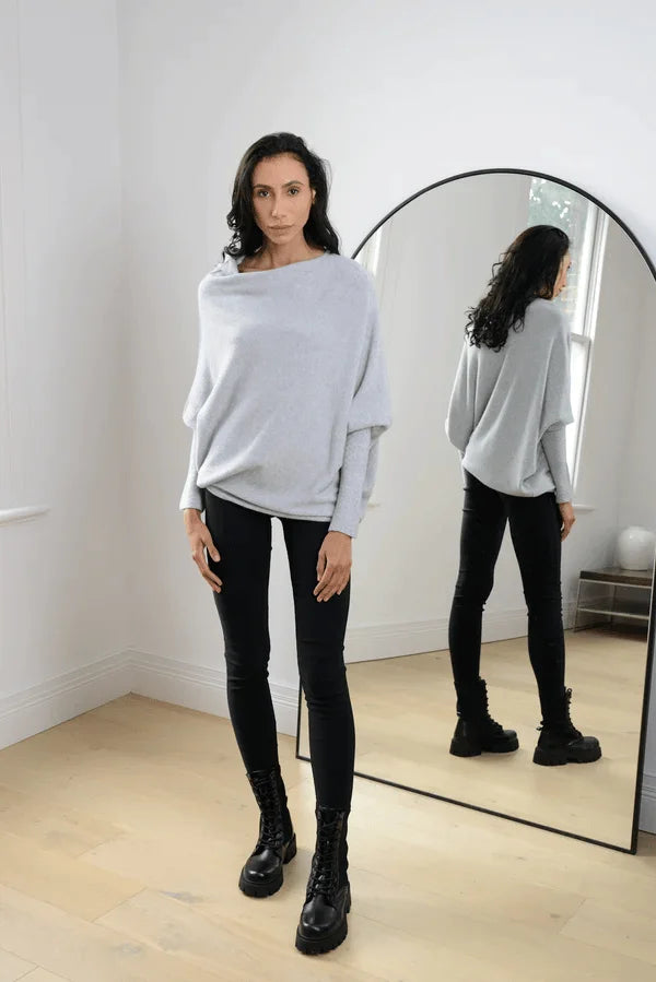 Women's Grey Knit Sweater – Off-Shoulder Long-Sleeve Draped Fit