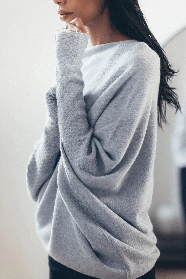 Women's Grey Knit Sweater – Off-Shoulder Long-Sleeve Draped Fit