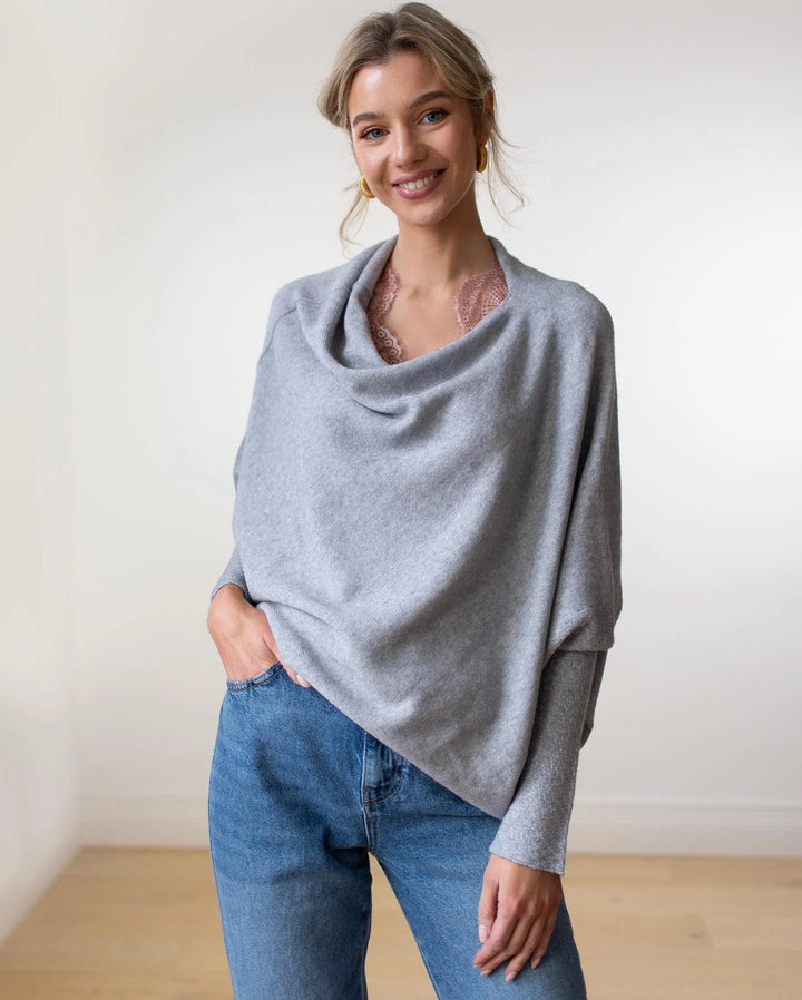 Women's Grey Knit Sweater – Off-Shoulder Long-Sleeve Draped Fit