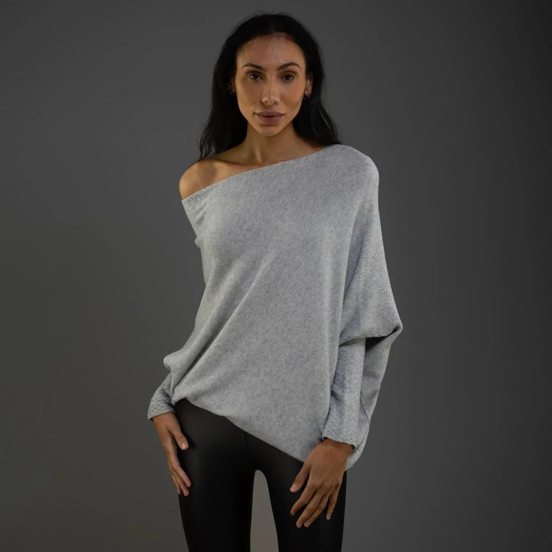 Women's Grey Knit Sweater – Off-Shoulder Long-Sleeve Draped Fit