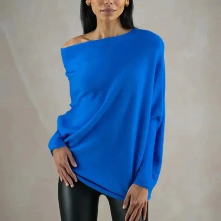 Women's Grey Knit Sweater – Off-Shoulder Long-Sleeve Draped Fit