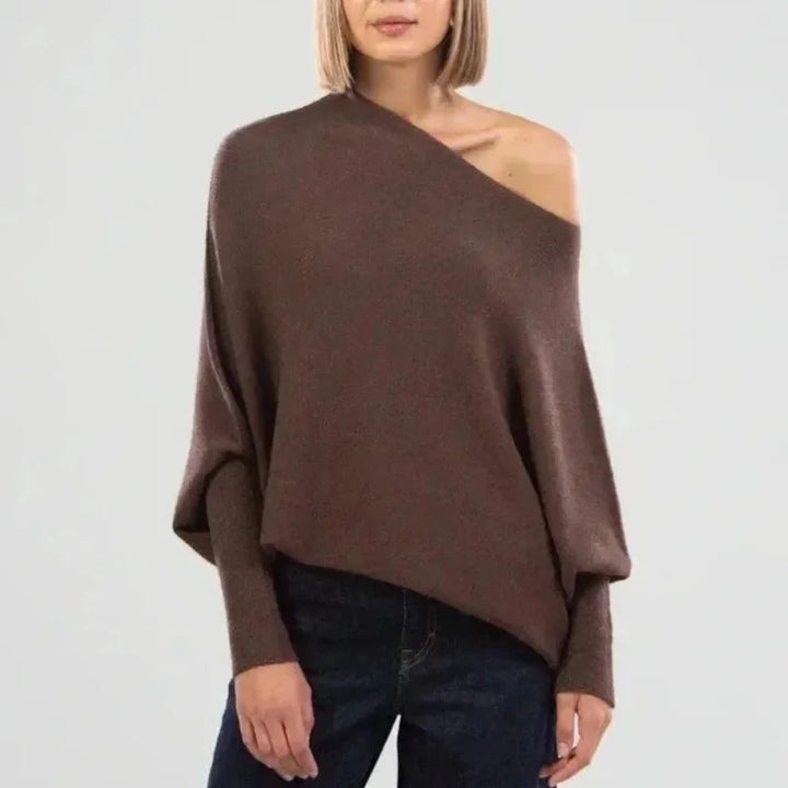 Women's Grey Knit Sweater – Off-Shoulder Long-Sleeve Draped Fit