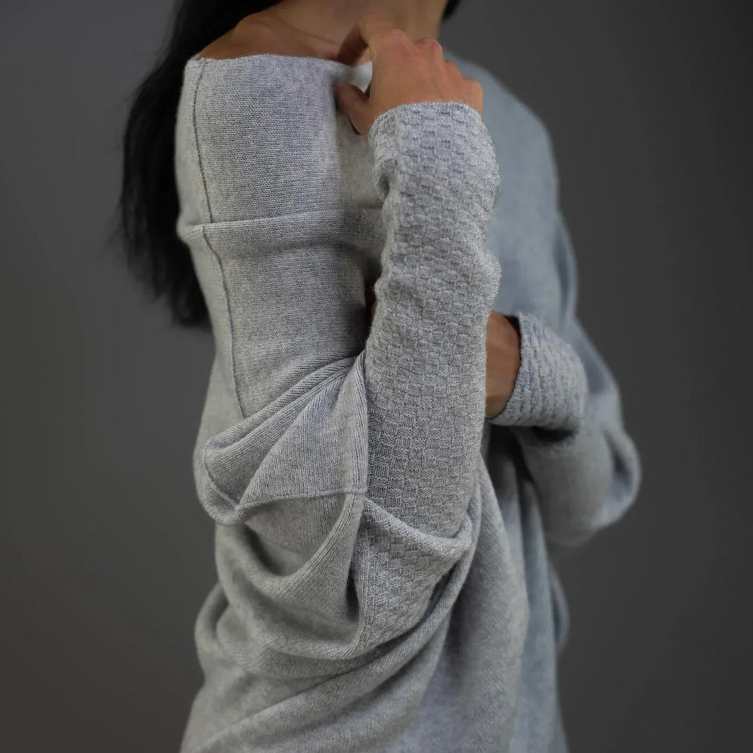 Women's Grey Knit Sweater – Off-Shoulder Long-Sleeve Draped Fit