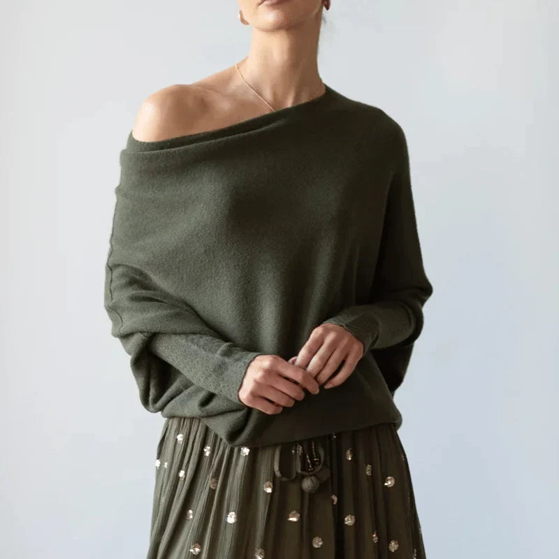 Women's Grey Knit Sweater – Off-Shoulder Long-Sleeve Draped Fit