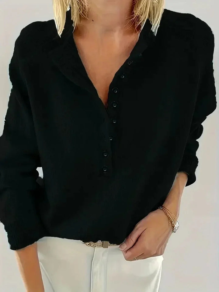 Women's Half-Button V-Neck Long Sleeve Knit Sweater